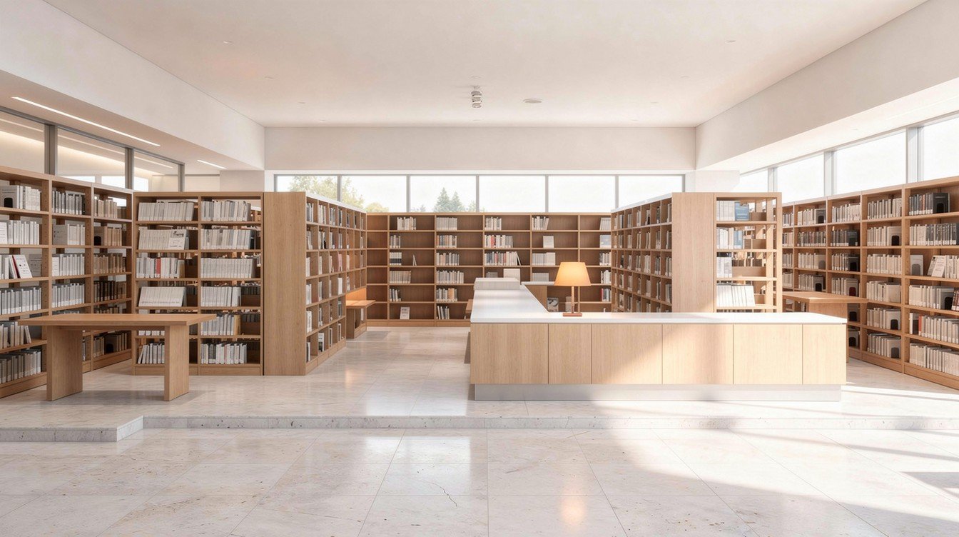 Illustration: a quiet public reading room in soft light, with a wide level entrance, a low service counter, and clear open aisles between the shelves.