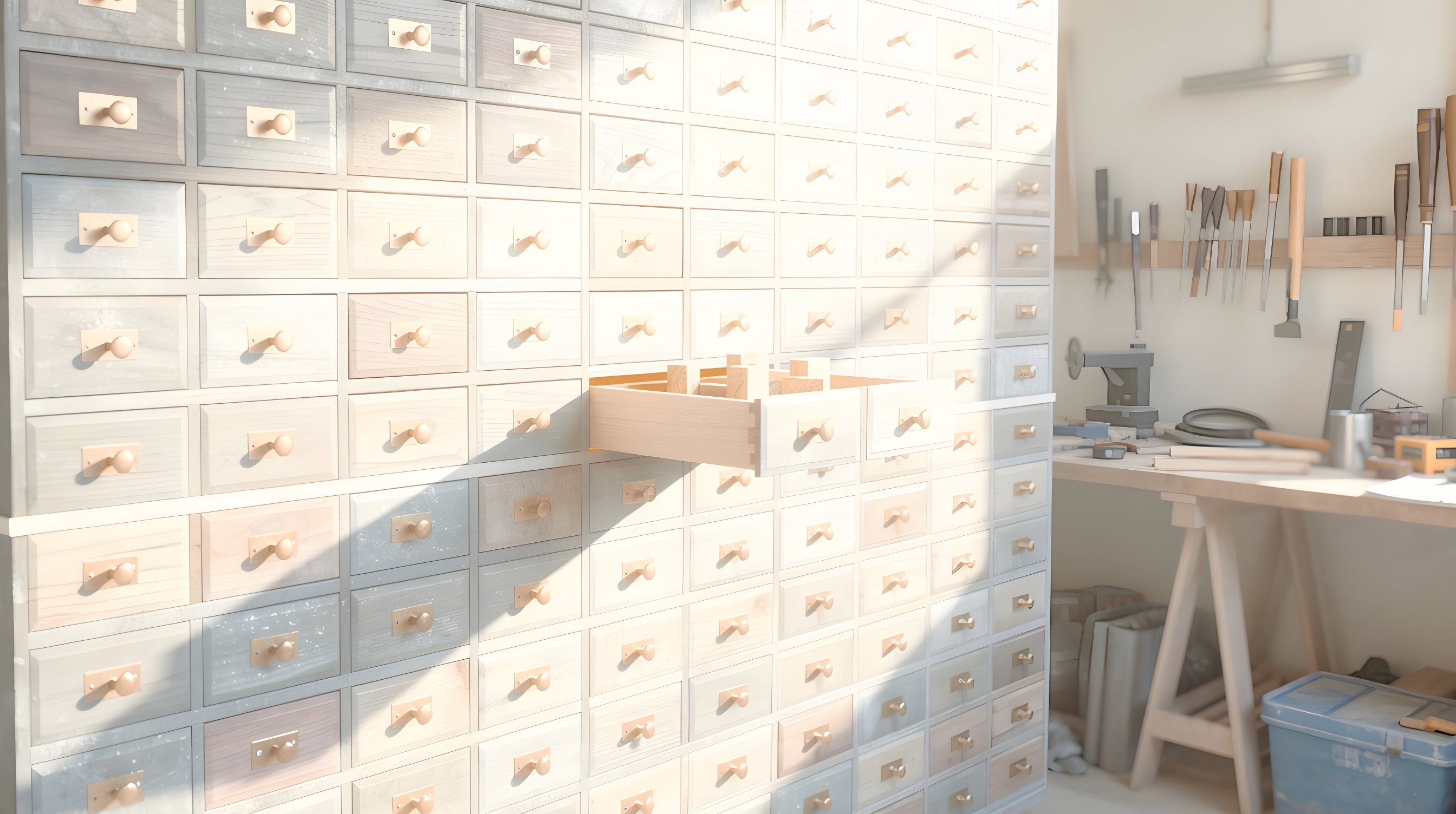 Illustration: a tall wall of small identical wooden drawers with brass pulls, one drawer slid halfway open and glowing red from inside.