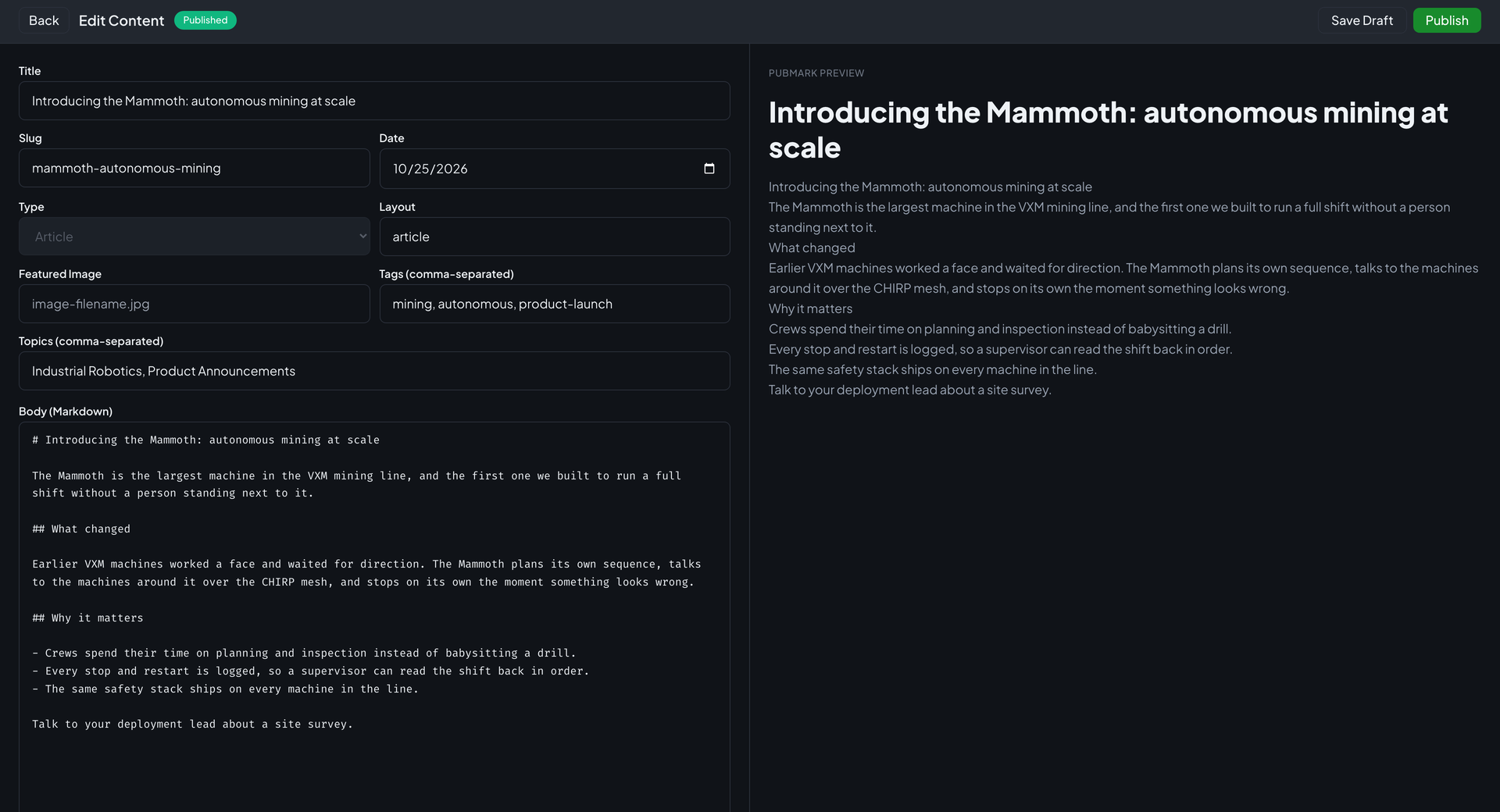 Narrative's content editor: title, slug, date, tags, and topics fields and the Markdown body on the left, and a rendered preview on the right.