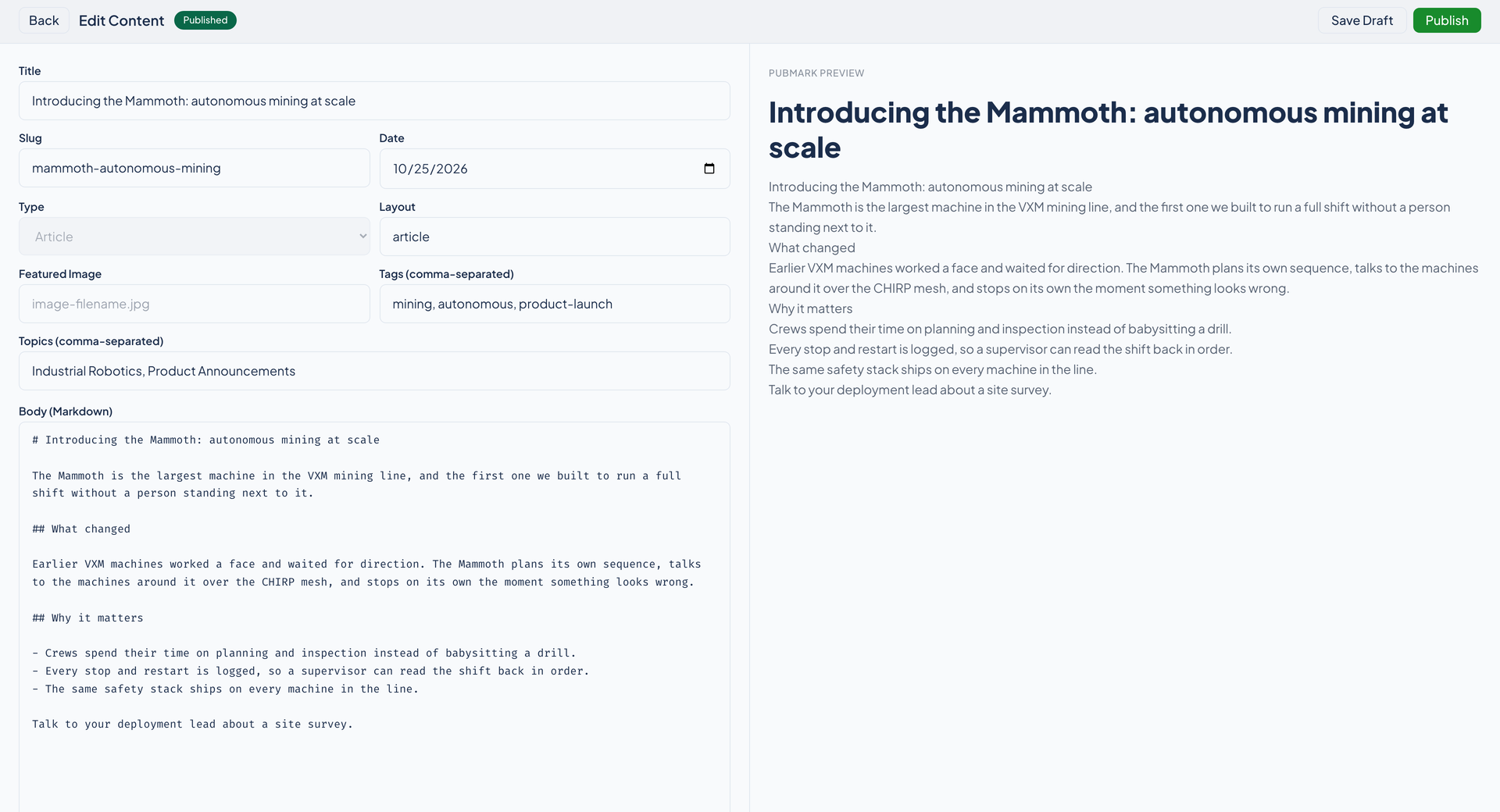 Narrative's content editor: title, slug, date, tags, and topics fields and the Markdown body on the left, and a rendered preview on the right.