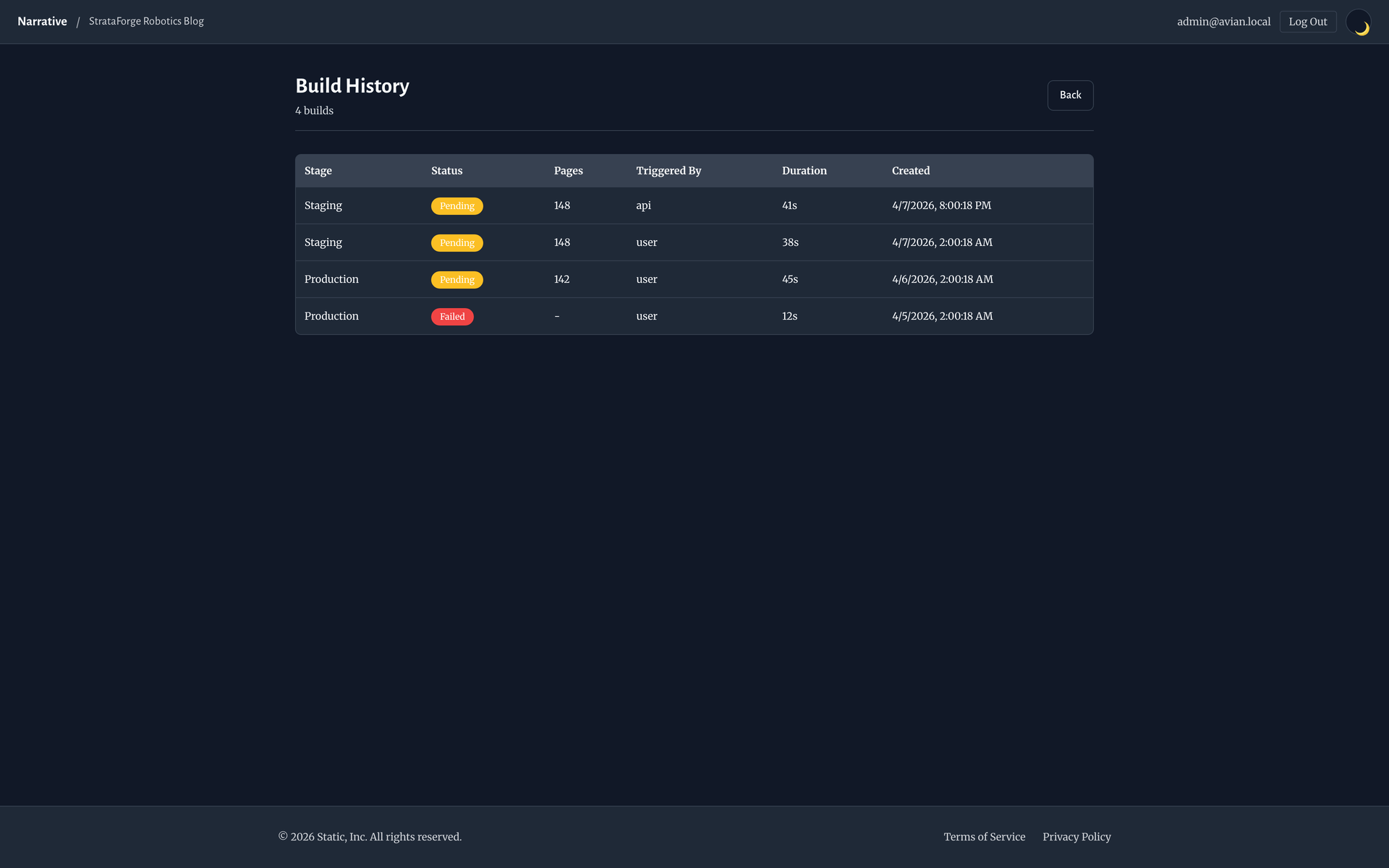 Build history with stage, trigger, status, and duration for each build