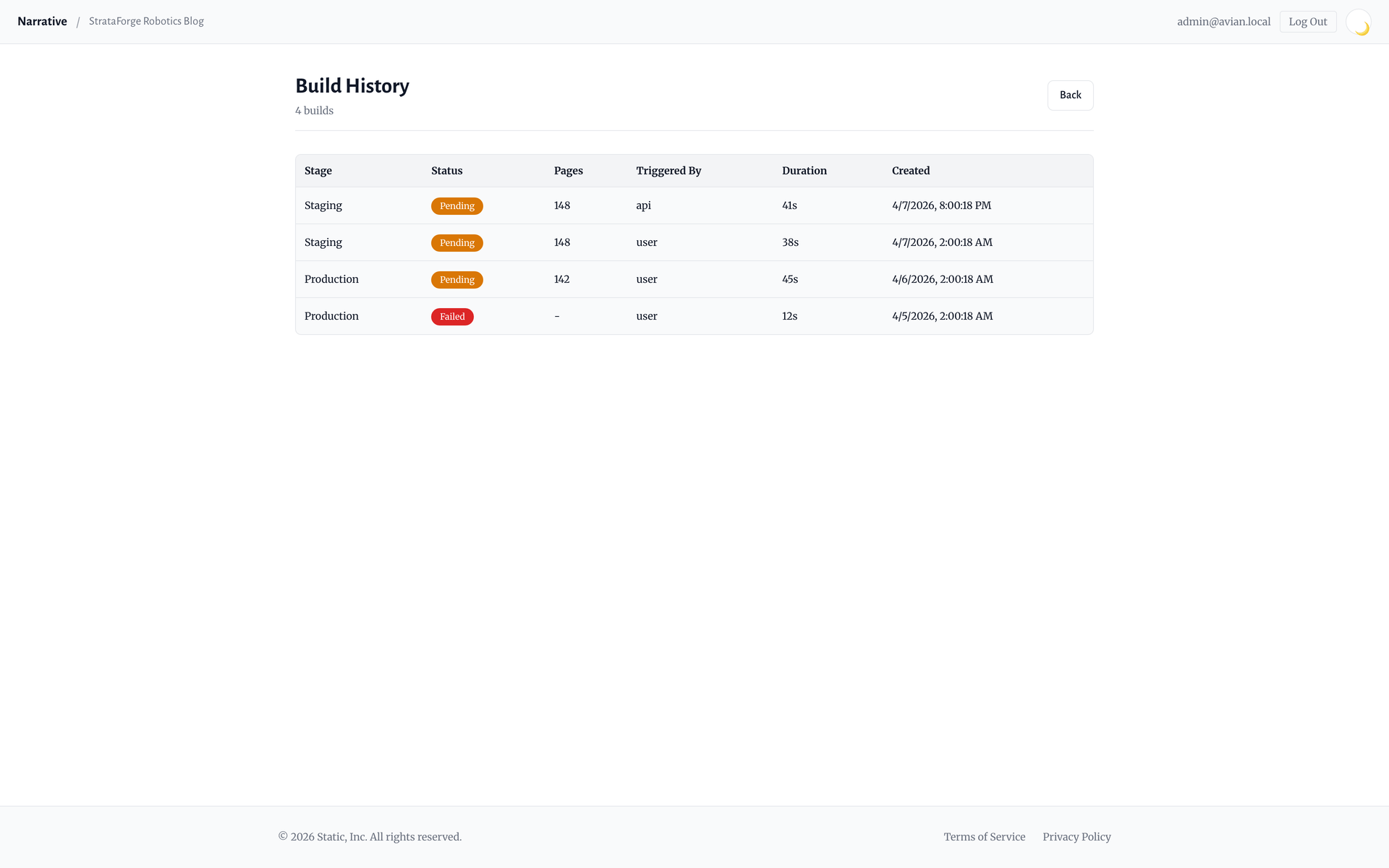 Build history with stage, trigger, status, and duration for each build