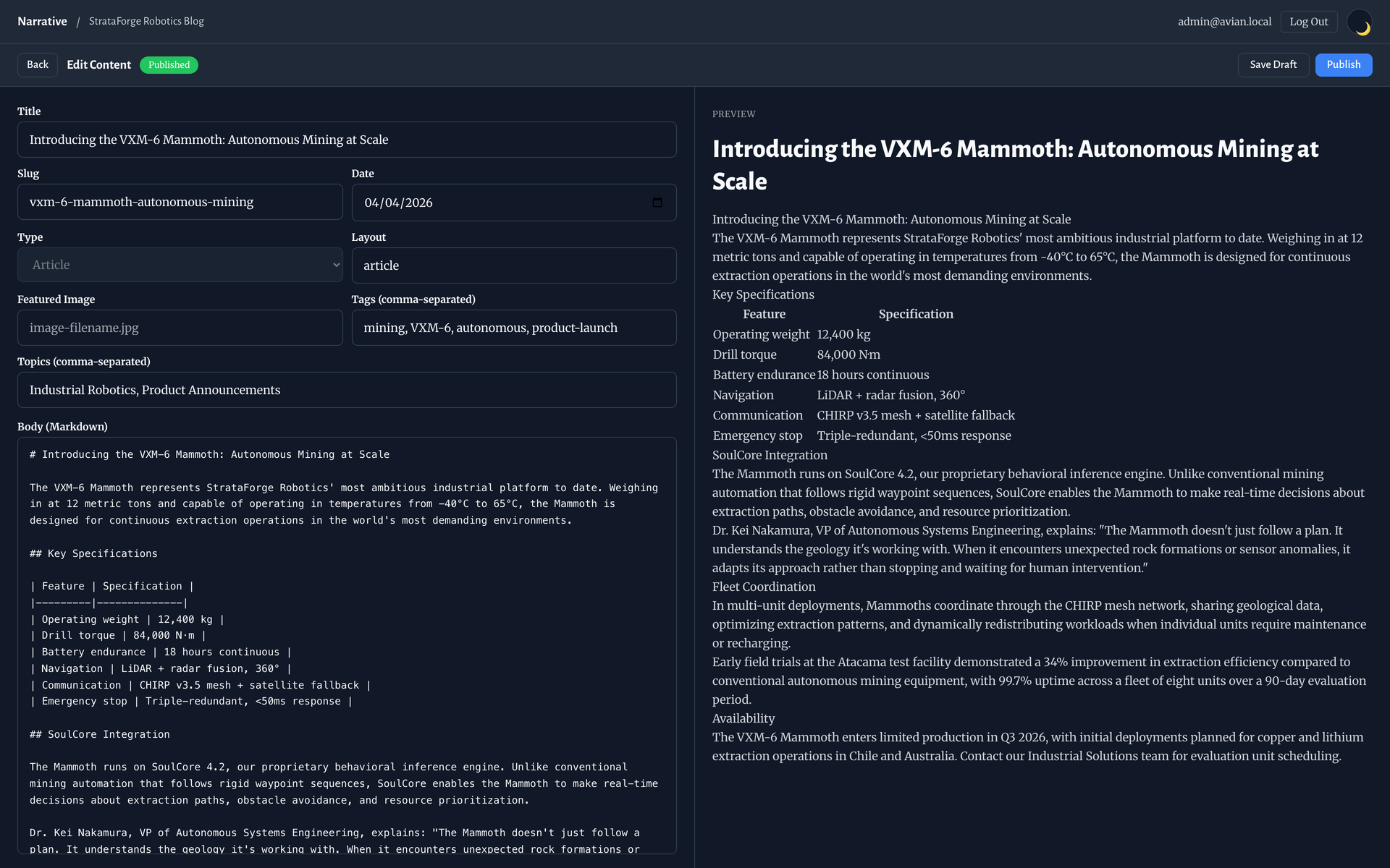 The content editor with Markdown source and frontmatter fields