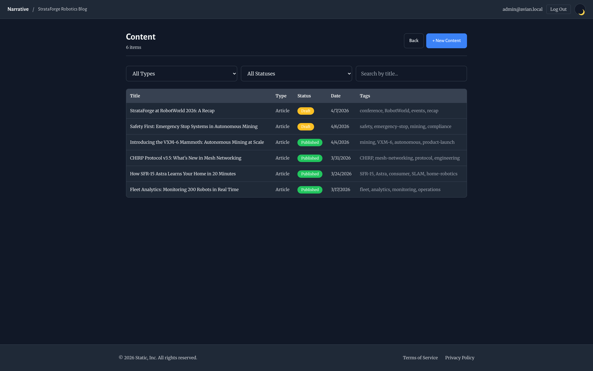 The content list for a site showing articles with drafts and publish state