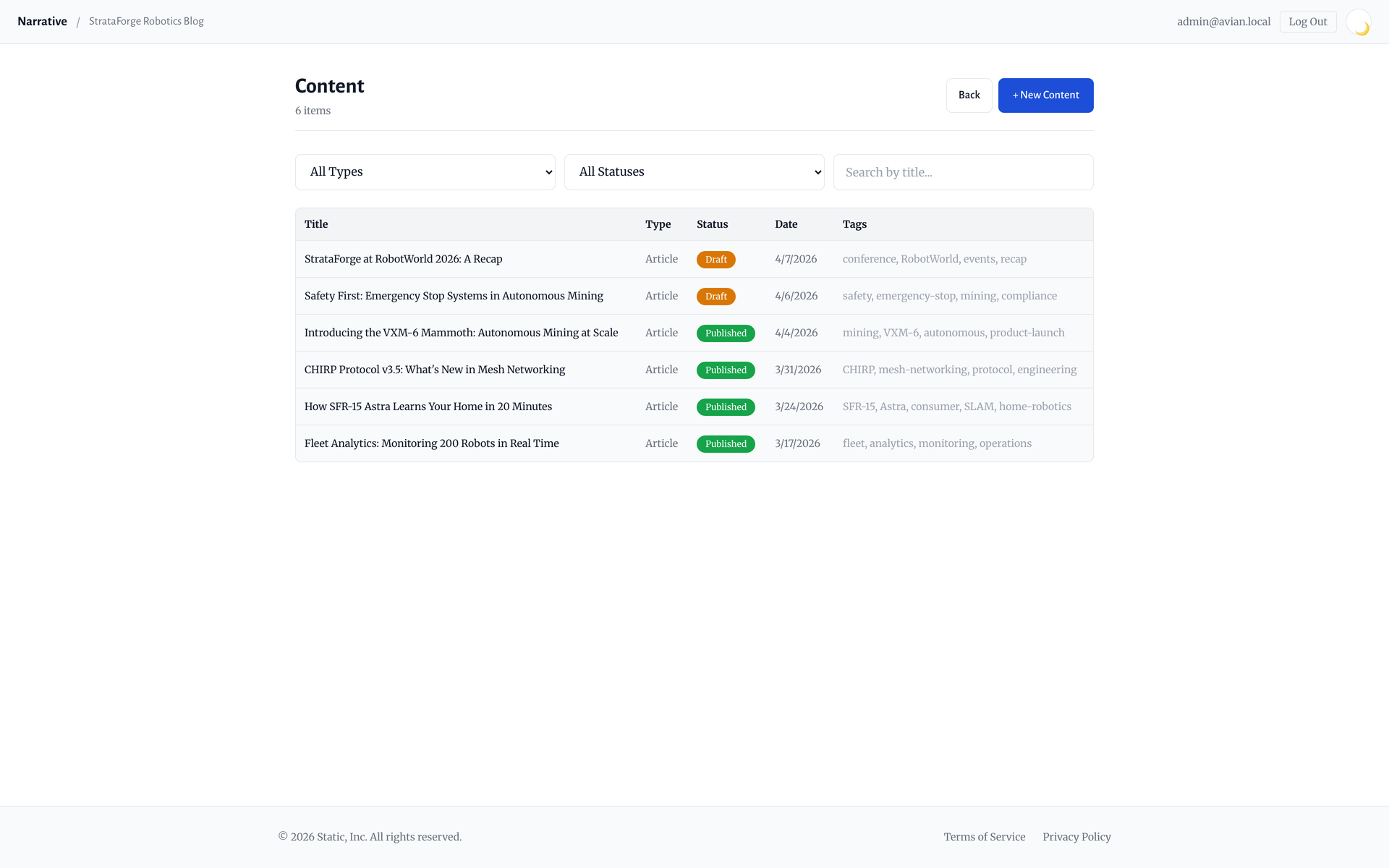 The content list for a site showing articles with drafts and publish state