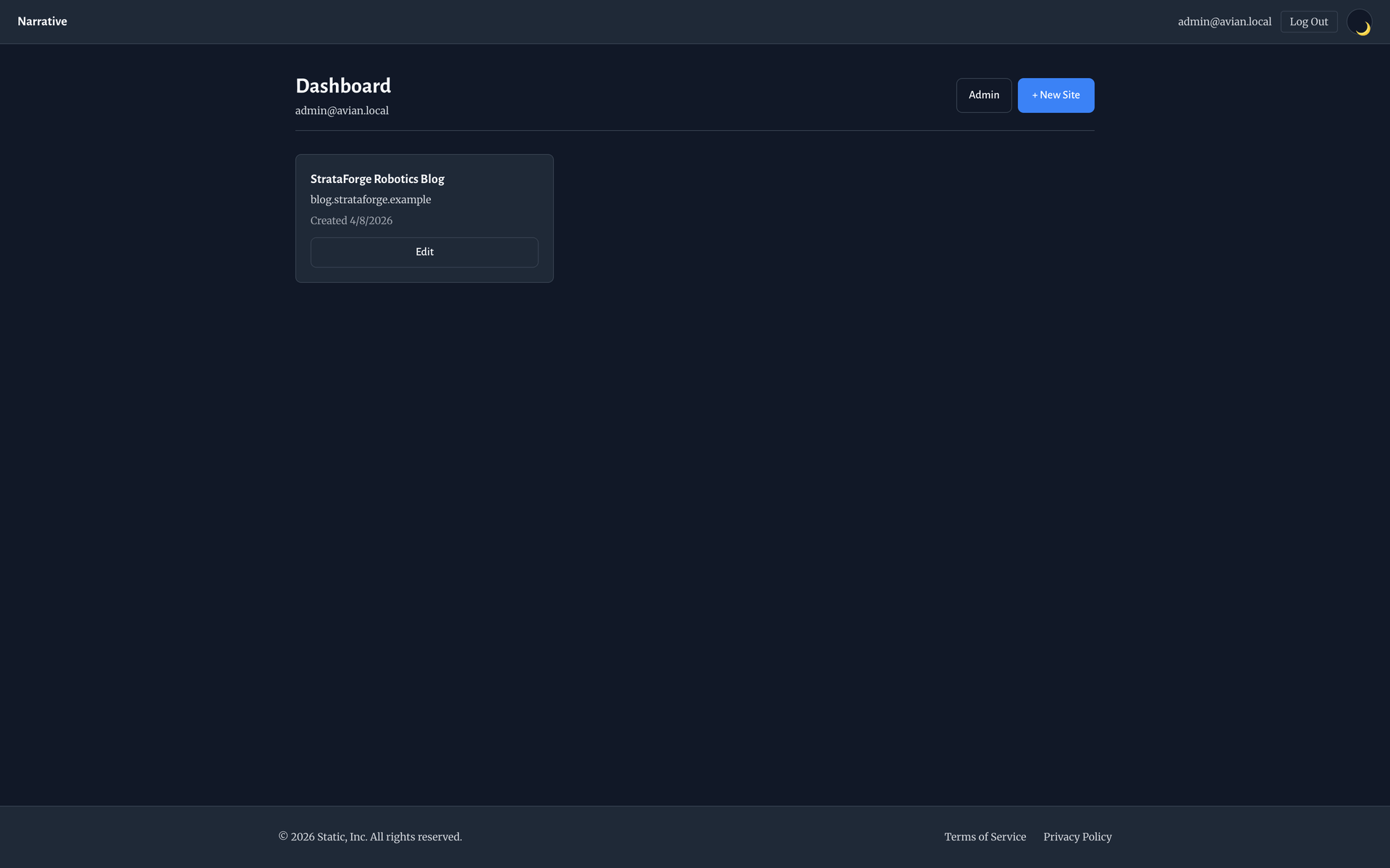 The Narrative dashboard listing registered sites with their domains and deploy stages