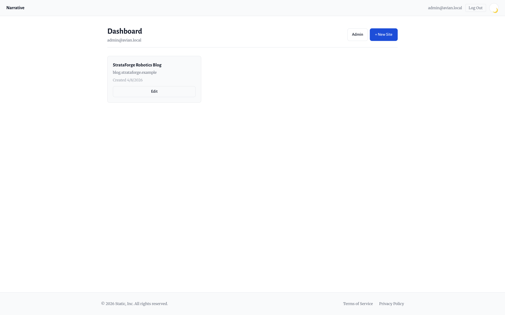 The Narrative dashboard listing registered sites with their domains and deploy stages